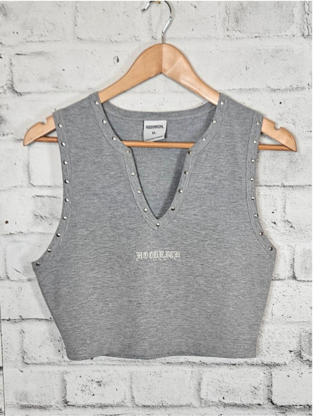 Hoodrich Studded Crop Tank Top Gray Embroidered Logo XL